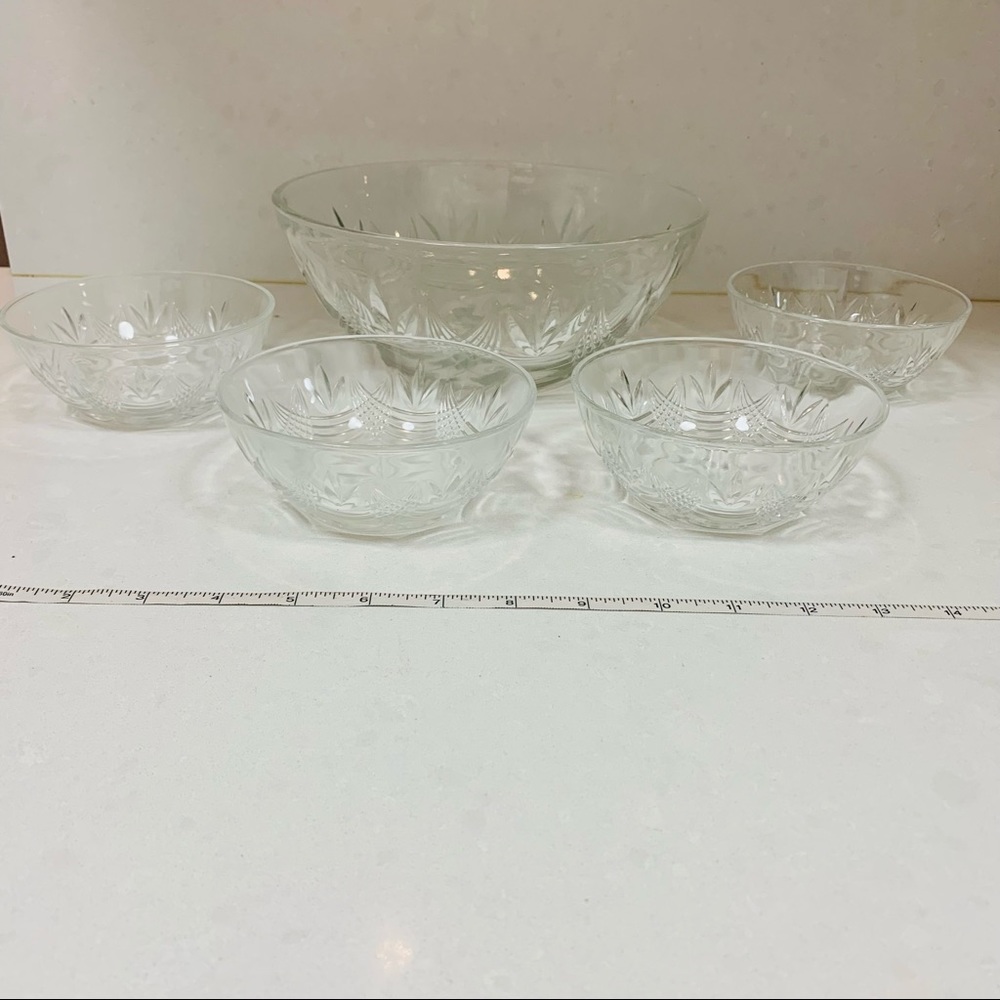 NWOT Etched Glass Serving Bowl + 4 Serving Dishes